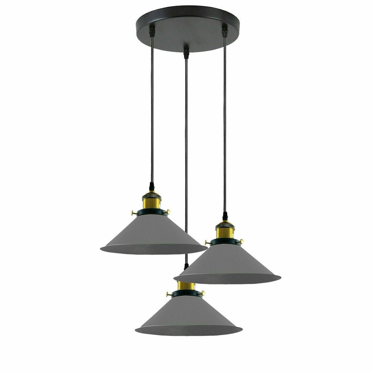 3-Light Pendant Cluster – Cone, Dome or Scalloped Shades, Plate or Bar - Yellow Brass, Flat Cone 22 cm Grey, Round Plate, Without Bulb