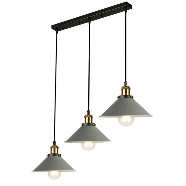 3-Light Pendant Cluster – Cone, Dome or Scalloped Shades, Plate or Bar - Yellow Brass, Flat Cone 22 cm Grey, Bar, Without Bulb