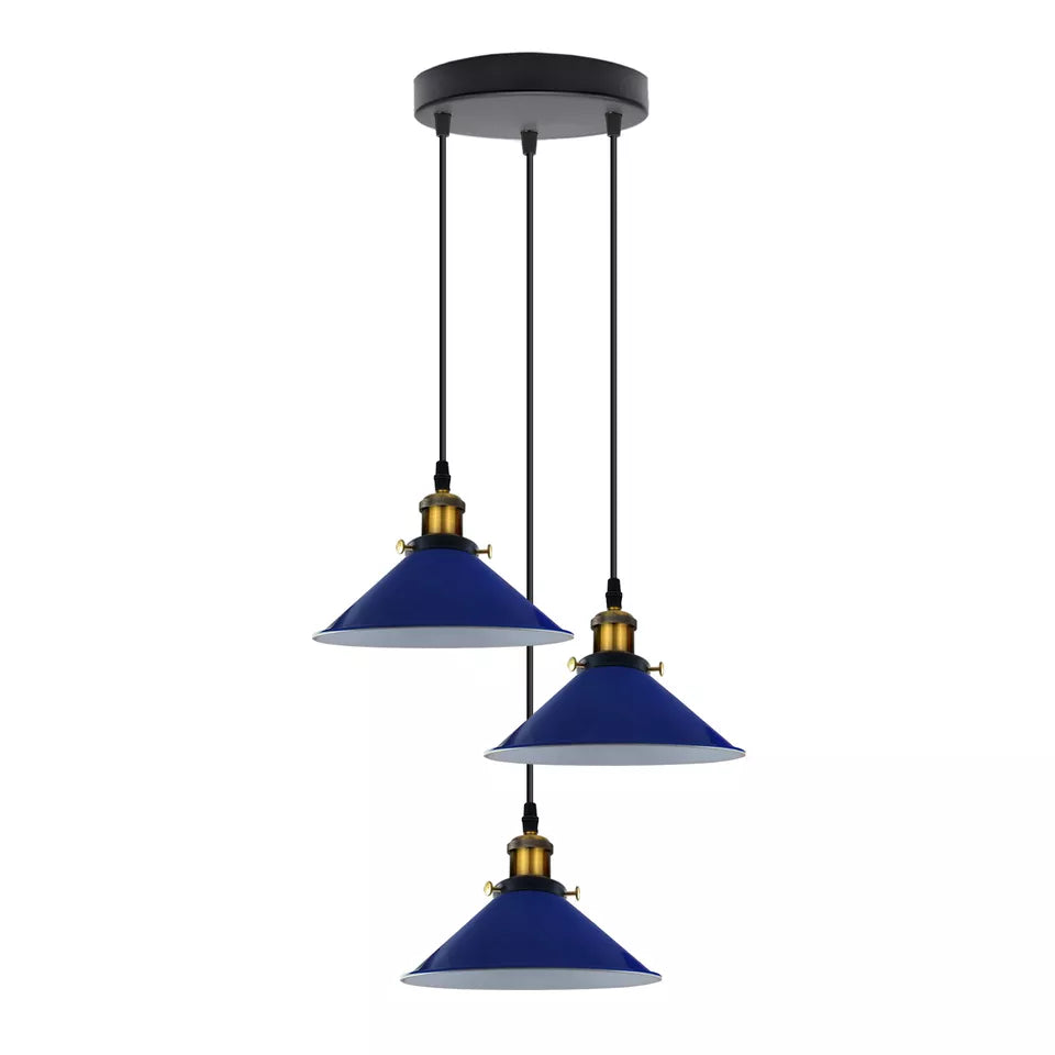 3-Light Pendant Cluster – Cone, Dome or Scalloped Shades, Plate or Bar - Yellow Brass, Flat Cone 22 cm Navy Blue, Round Plate, Without Bulb