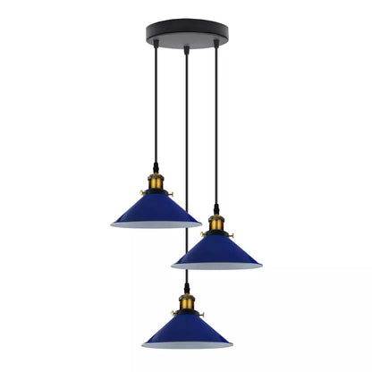 3-Light Pendant Cluster – Cone, Dome or Scalloped Shades, Plate or Bar - Yellow Brass, Flat Cone 22 cm Navy Blue, Round Plate, Without Bulb