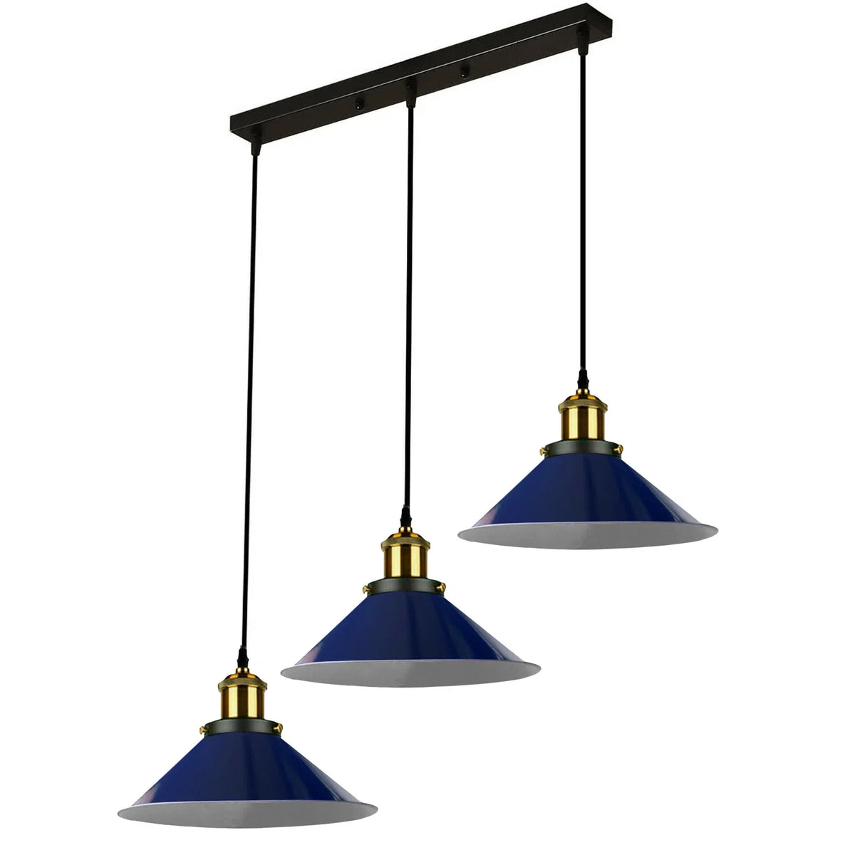 3-Light Pendant Cluster – Cone, Dome or Scalloped Shades, Plate or Bar - Yellow Brass, Flat Cone 22 cm Navy Blue, Bar, Without Bulb