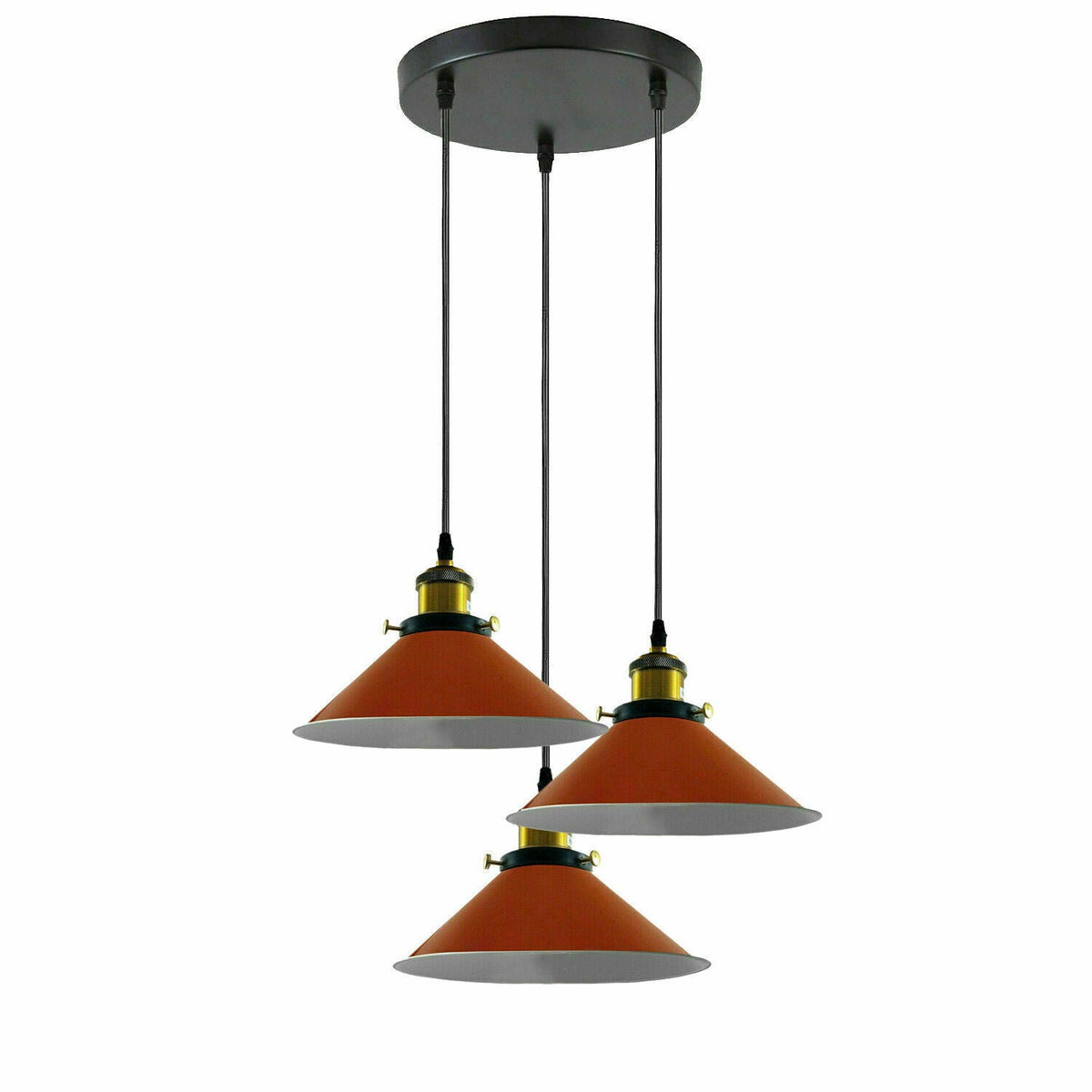 3-Light Pendant Cluster – Cone, Dome or Scalloped Shades, Plate or Bar - Yellow Brass, Flat Cone 22 cm Orange, Round Plate, Without Bulb