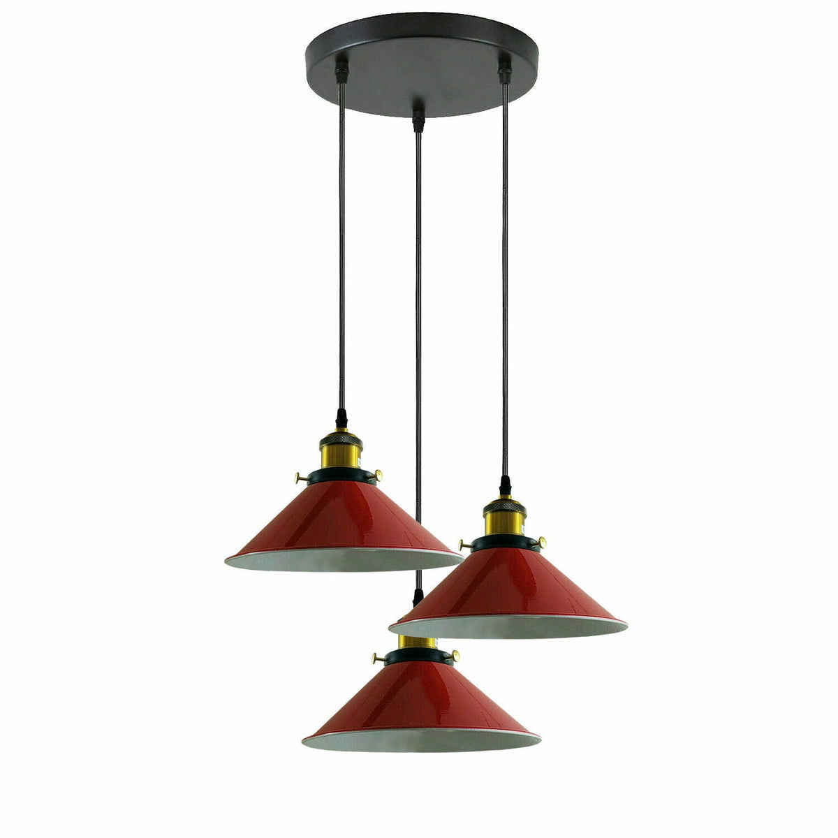 3-Light Pendant Cluster – Cone, Dome or Scalloped Shades, Plate or Bar - Yellow Brass, Flat Cone 22 cm Red, Round Plate, Without Bulb