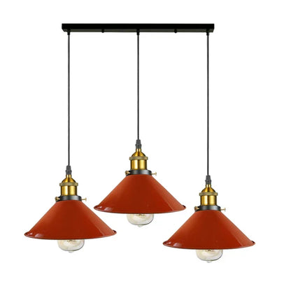 3-Light Pendant Cluster – Cone, Dome or Scalloped Shades, Plate or Bar - Yellow Brass, Flat Cone 22 cm Red, Bar, Without Bulb