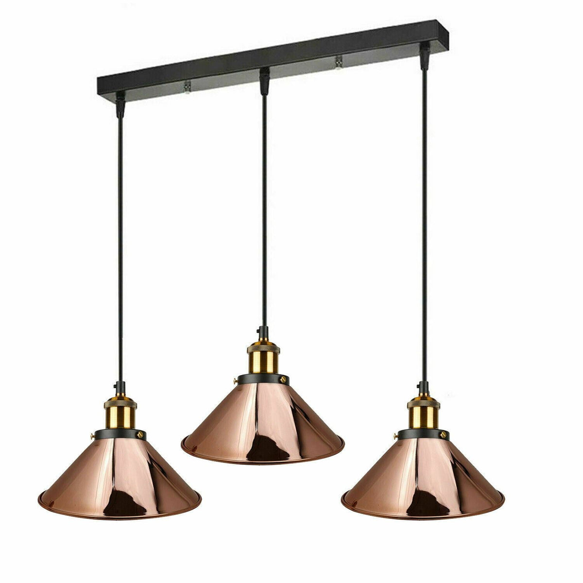 3-Light Pendant Cluster – Cone, Dome or Scalloped Shades, Plate or Bar - Yellow Brass, Flat Cone 22 cm Rose Gold, Bar, Without Bulb