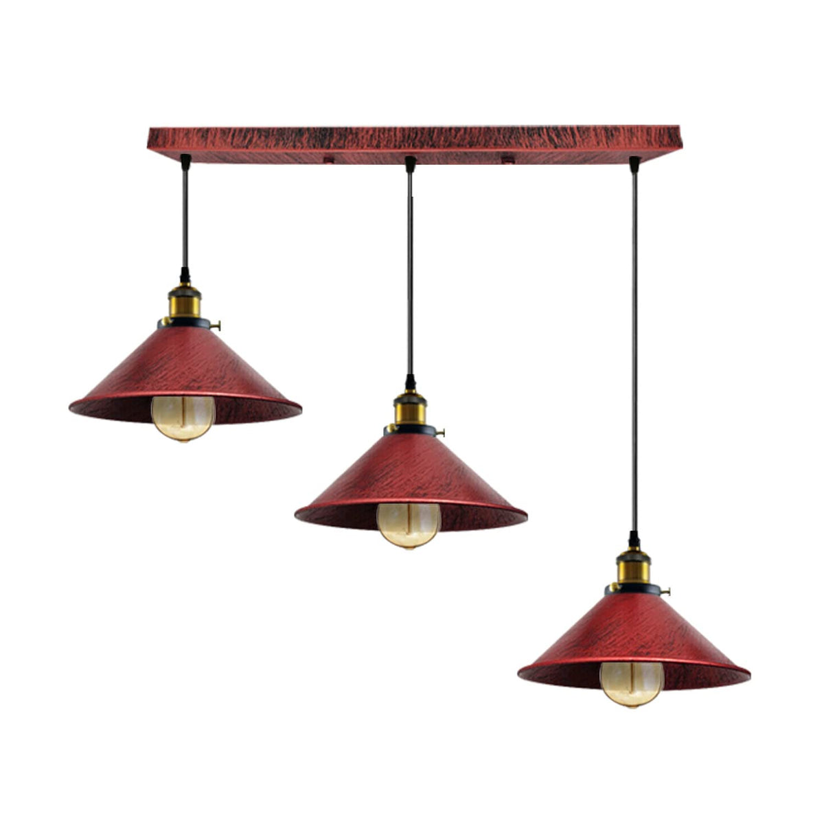 3-Light Pendant Cluster – Cone, Dome or Scalloped Shades, Plate or Bar - Yellow Brass, Flat Cone 22 cm Rustic Red, Bar, Without Bulb