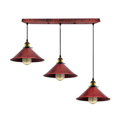 3-Light Pendant Cluster – Cone, Dome or Scalloped Shades, Plate or Bar - Yellow Brass, Flat Cone 22 cm Rustic Red, Bar, Without Bulb