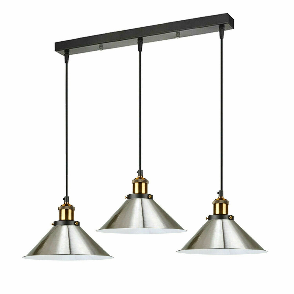 3-Light Pendant Cluster – Cone, Dome or Scalloped Shades, Plate or Bar - Yellow Brass, Flat Cone 22 cm Satin Nickel, Bar, Without Bulb