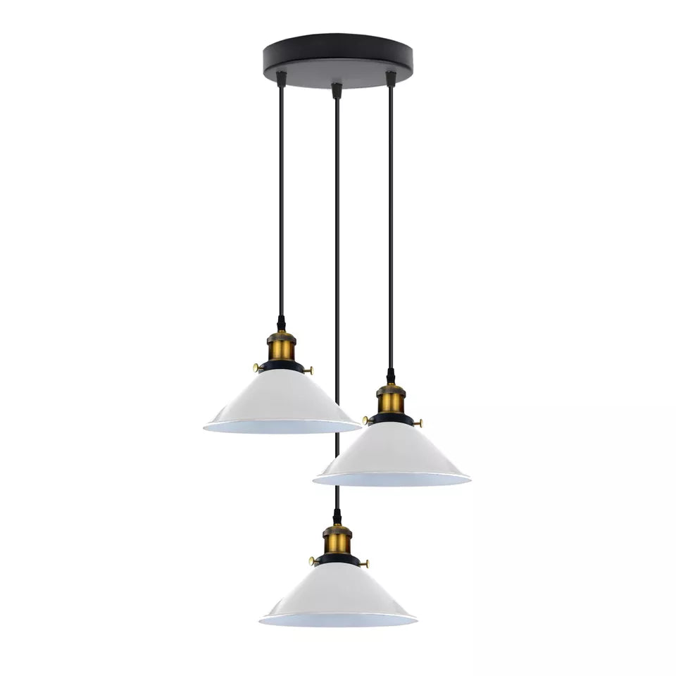 3-Light Pendant Cluster – Cone, Dome or Scalloped Shades, Plate or Bar - Yellow Brass, Flat Cone 22 cm White, Round Plate, Without Bulb