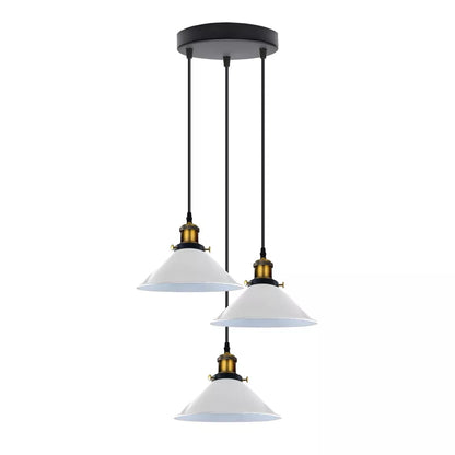 3-Light Pendant Cluster – Cone, Dome or Scalloped Shades, Plate or Bar - Yellow Brass, Flat Cone 22 cm White, Round Plate, Without Bulb