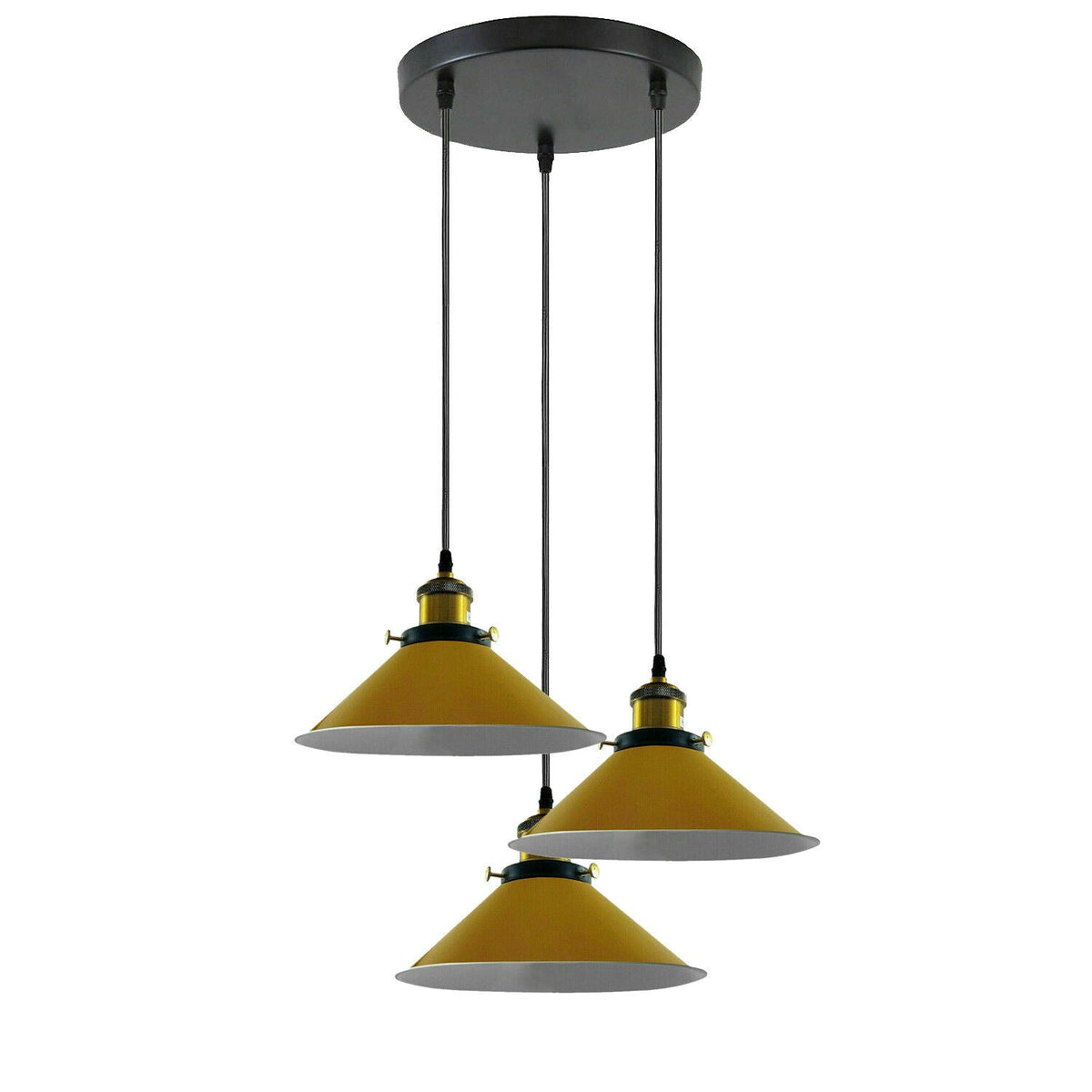 3-Light Pendant Cluster – Cone, Dome or Scalloped Shades, Plate or Bar - Yellow Brass, Flat Cone 22 cm Yellow, Round Plate, Without Bulb