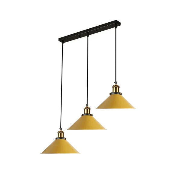 3-Light Pendant Cluster – Cone, Dome or Scalloped Shades, Plate or Bar - Yellow Brass, Flat Cone 22 cm Yellow, Bar, Without Bulb