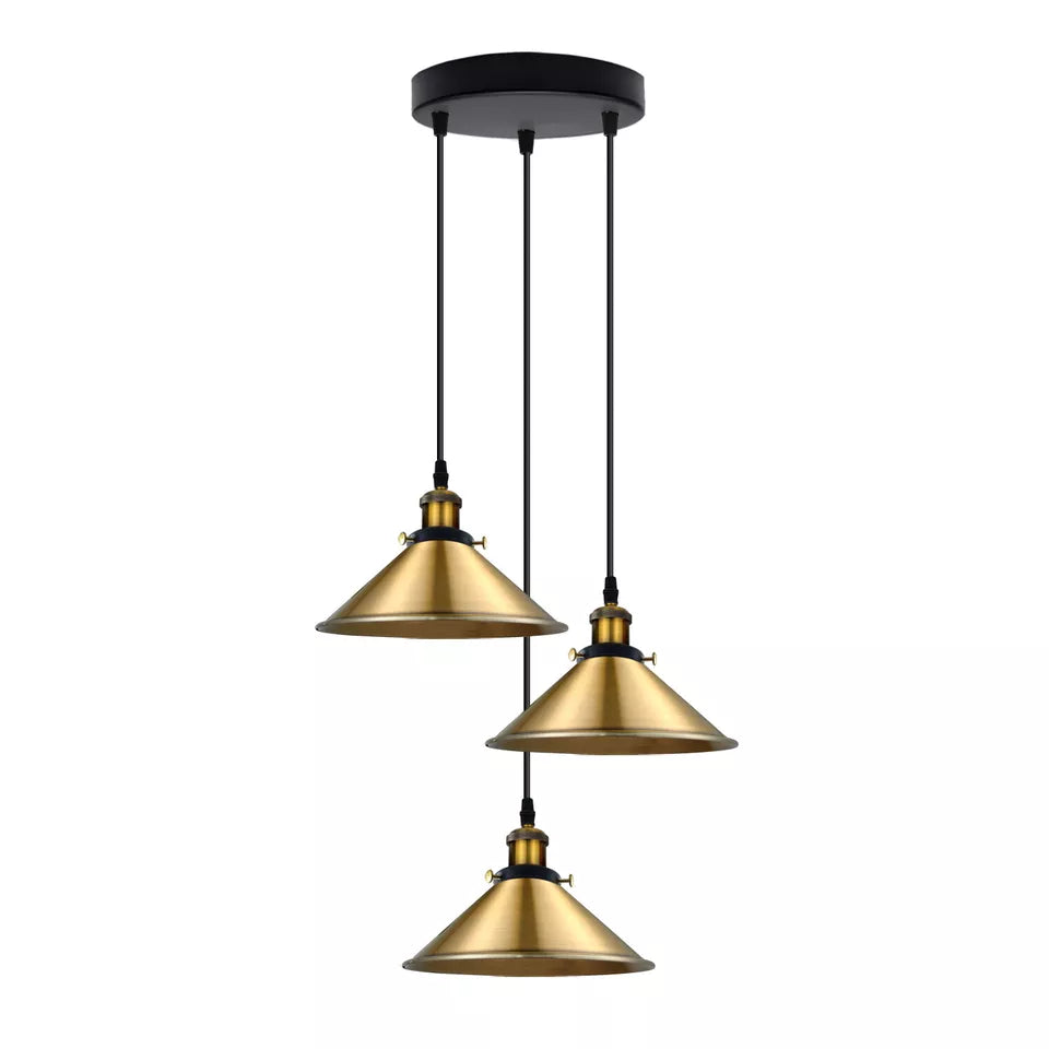3-Light Pendant Cluster – Cone, Dome or Scalloped Shades, Plate or Bar - Yellow Brass, Flat Cone 22 cm Yellow Brass, Round Plate, Without Bulb
