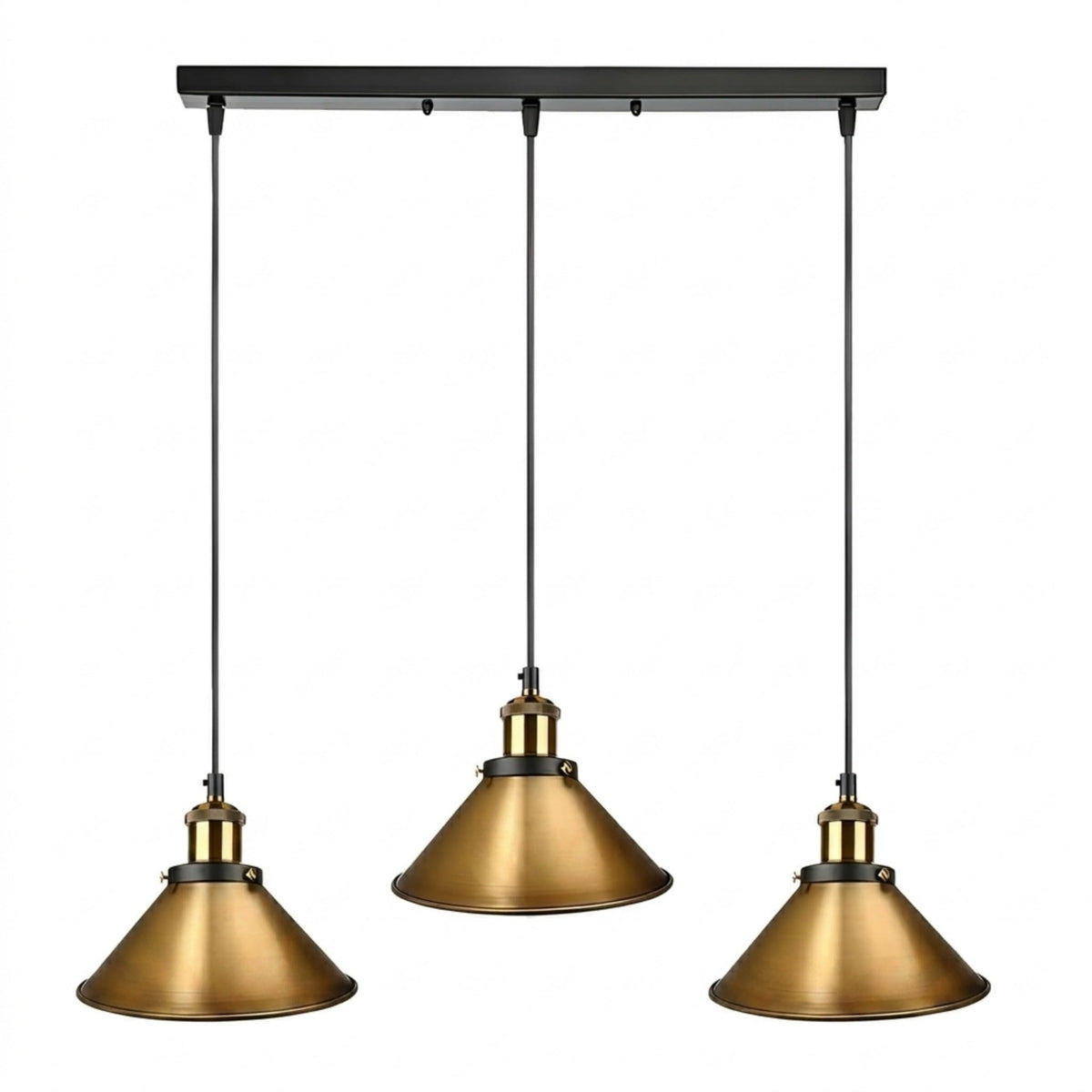 3-Light Pendant Cluster – Cone, Dome or Scalloped Shades, Plate or Bar - Yellow Brass, Flat Cone 22 cm Yellow Brass, Bar, Without Bulb