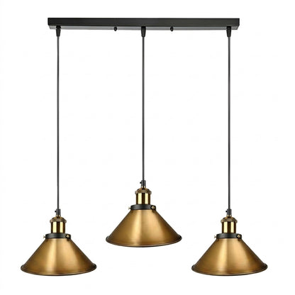 3-Light Pendant Cluster – Cone, Dome or Scalloped Shades, Plate or Bar - Yellow Brass, Flat Cone 22 cm Yellow Brass, Bar, Without Bulb