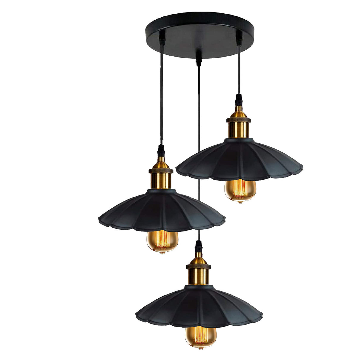 3-Light Pendant Cluster – Cone, Dome or Scalloped Shades, Plate or Bar - Yellow Brass, Scalloped 22 cm Black, Round Plate, Without Bulb