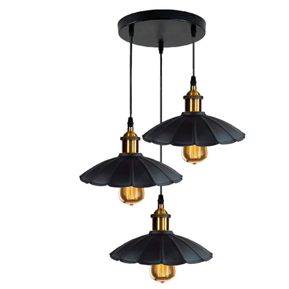 3-Light Pendant Cluster – Cone, Dome or Scalloped Shades, Plate or Bar - Yellow Brass, Scalloped 22 cm Black, Round Plate, Without Bulb