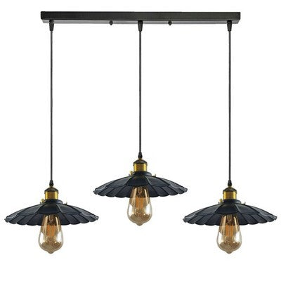 3-Light Pendant Cluster – Cone, Dome or Scalloped Shades, Plate or Bar - Yellow Brass, Scalloped 22 cm Black, Bar, Without Bulb
