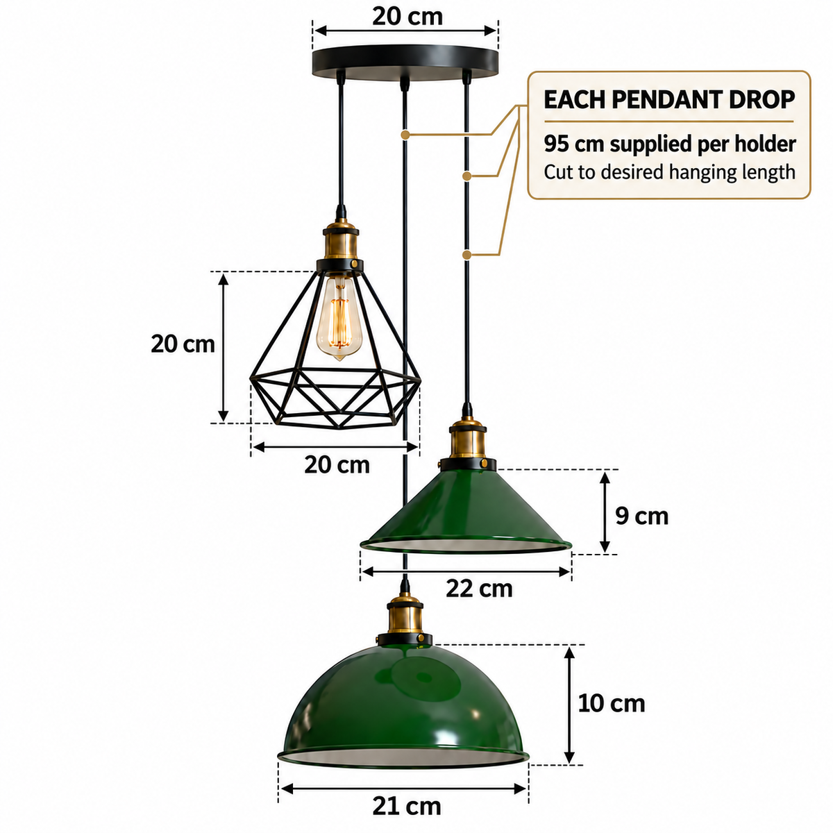 3-Light Pendant Cluster – Cone, Dome or Scalloped Shades, Plate or Bar - photo 2
