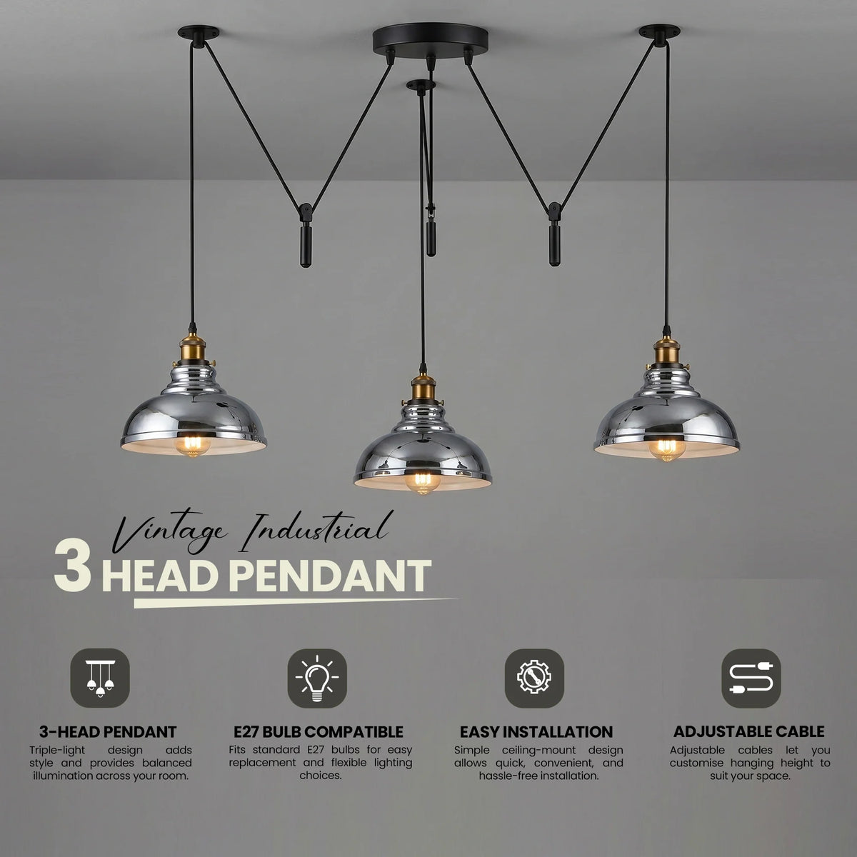 3 Light Pendant – Rise & Fall Pulley or Spider Style, 30+ Shades - photo 5