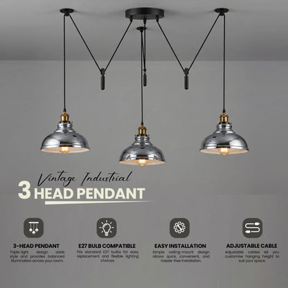 3 Light Pendant – Rise & Fall Pulley or Spider Style, 30+ Shades - photo 5