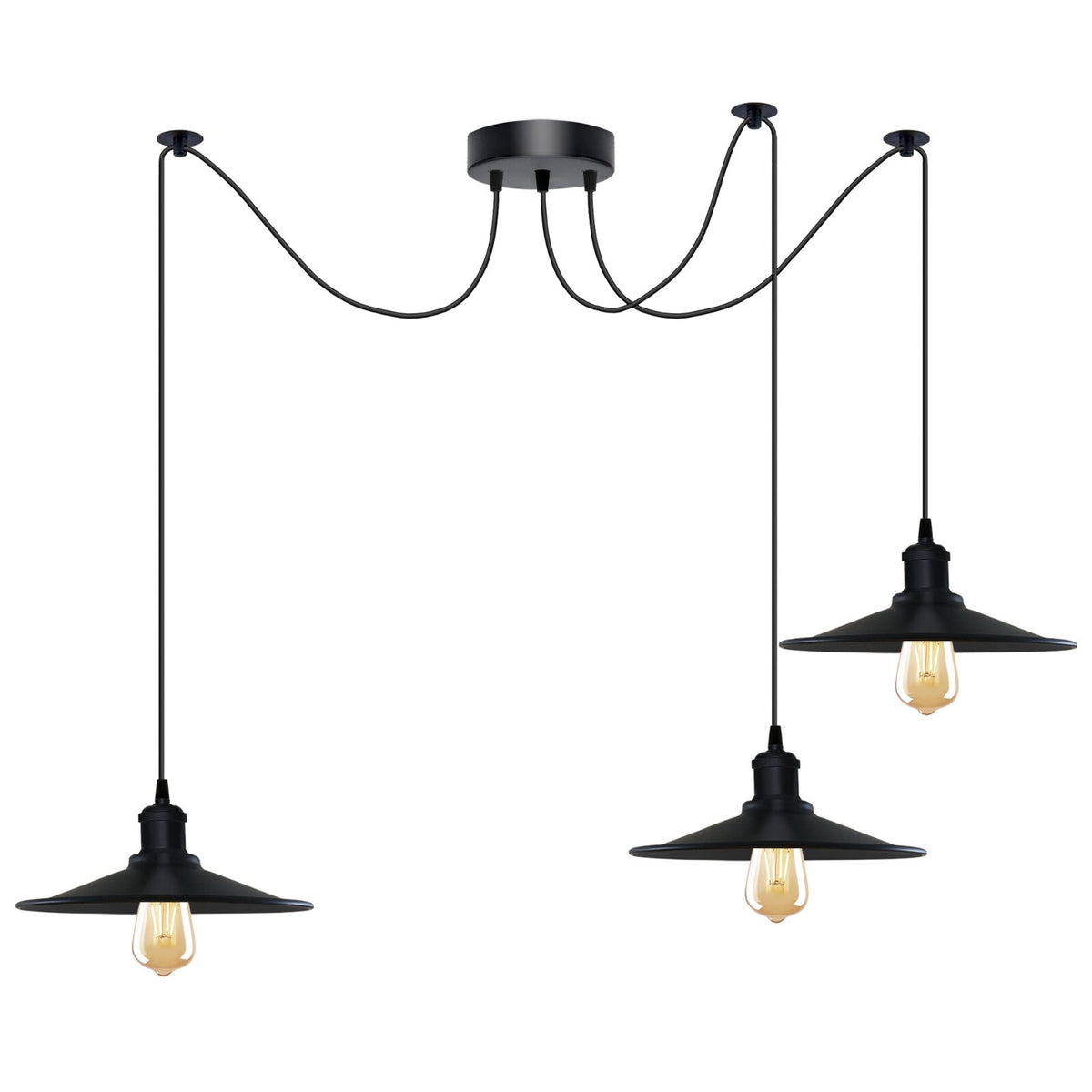 3 Light Pendant – Rise & Fall Pulley or Spider Style, 30+ Shades - Black, Spider: Flat Black, Without Bulb