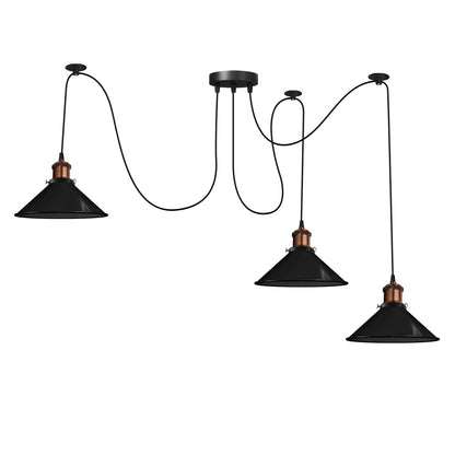 3 Light Pendant – Rise & Fall Pulley or Spider Style, 30+ Shades - Copper, Spider: Flat Cone 22 cm Black, Without Bulb