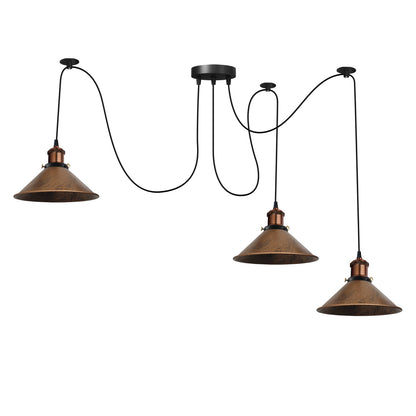 3 Light Pendant – Rise & Fall Pulley or Spider Style, 30+ Shades - Copper, Spider: Flat Cone 22 cm Brushed Copper, Without Bulb