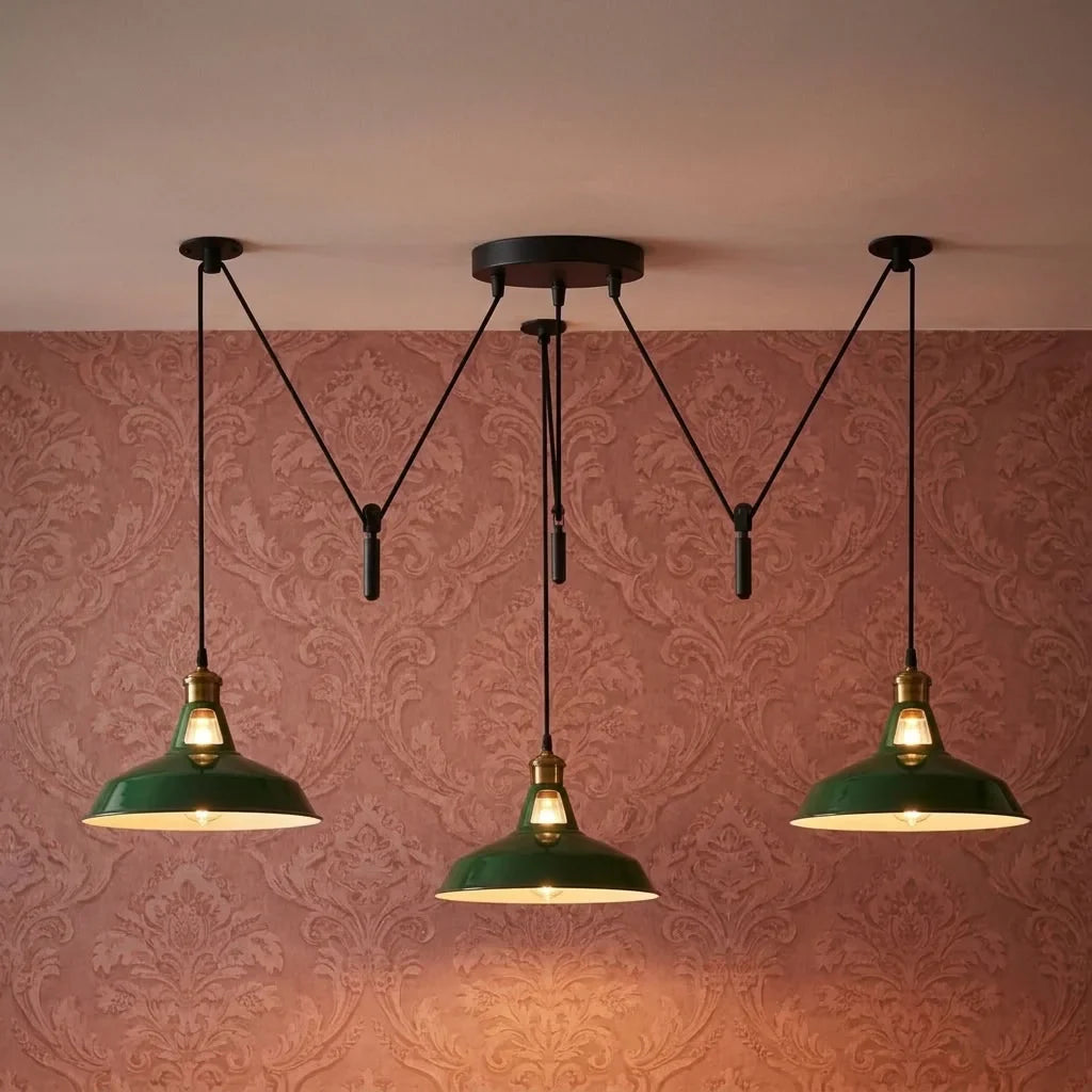 3 Light Pendant – Rise & Fall Pulley or Spider Style, 30+ Shades - Yellow Brass, Rise & Fall: Barn Slotted 30 cm Green, Without Bulb
