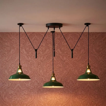 3 Light Pendant – Rise & Fall Pulley or Spider Style, 30+ Shades - Yellow Brass, Rise & Fall: Barn Slotted 30 cm Green, Without Bulb