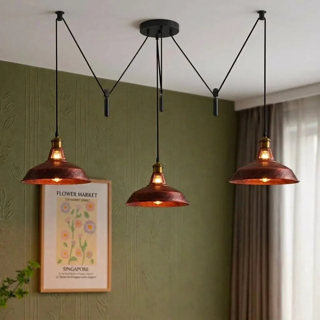3 Light Pendant – Rise & Fall Pulley or Spider Style, 30+ Shades - Yellow Brass, Rise & Fall: Barn Slotted 30 cm Rustic Red, Without Bulb