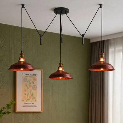 3 Light Pendant – Rise & Fall Pulley or Spider Style, 30+ Shades - Yellow Brass, Rise & Fall: Barn Slotted 30 cm Rustic Red, Without Bulb