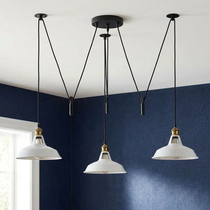 3 Light Pendant – Rise & Fall Pulley or Spider Style, 30+ Shades - Yellow Brass, Rise & Fall: Barn Slotted 30 cm White, Without Bulb