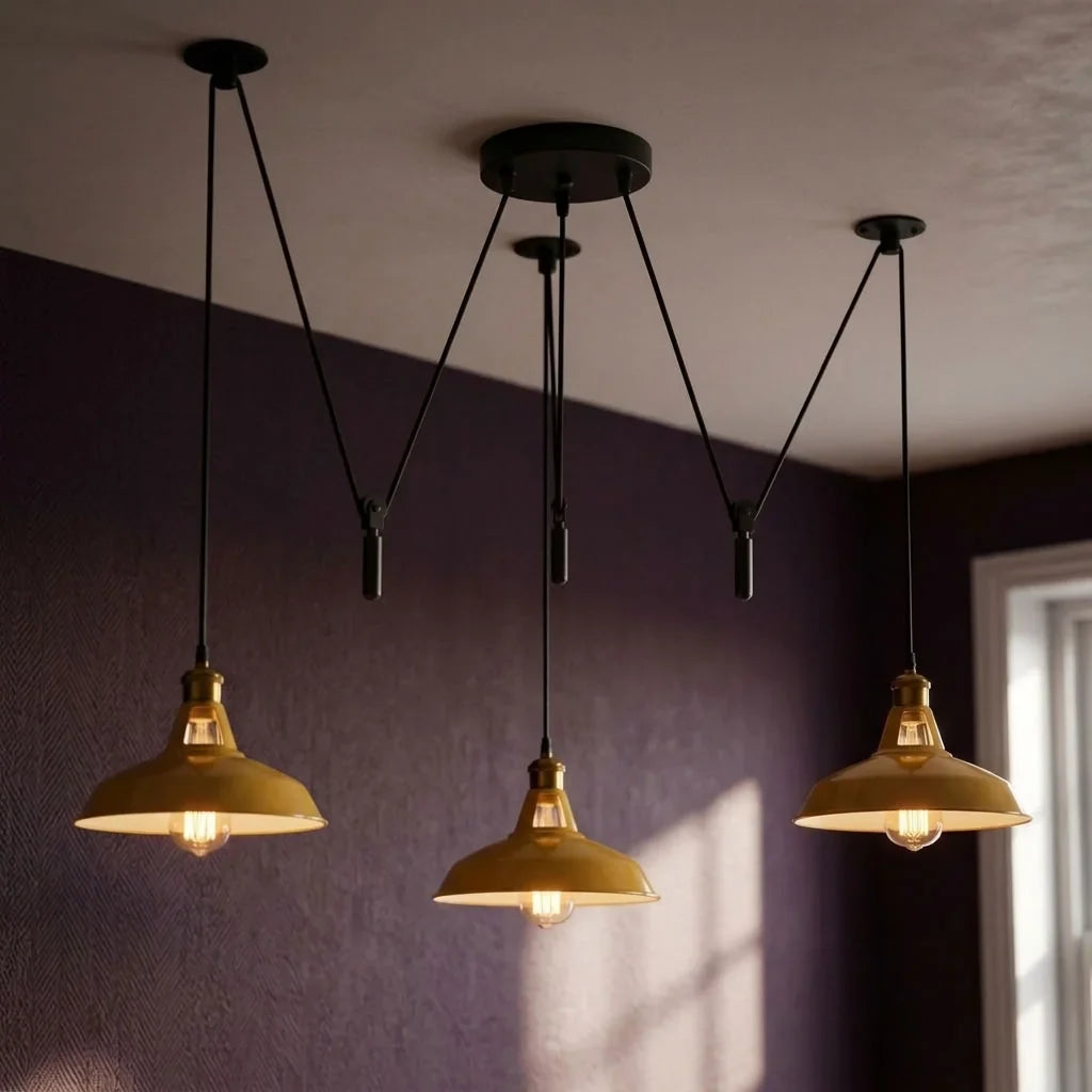 3 Light Pendant – Rise & Fall Pulley or Spider Style, 30+ Shades - Yellow Brass, Rise & Fall: Barn Slotted 30 cm Yellow, Without Bulb