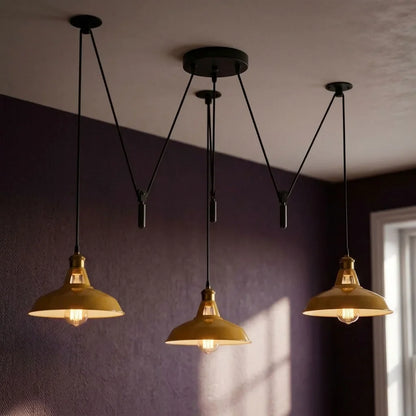 3 Light Pendant – Rise & Fall Pulley or Spider Style, 30+ Shades - Yellow Brass, Rise & Fall: Barn Slotted 30 cm Yellow, Without Bulb