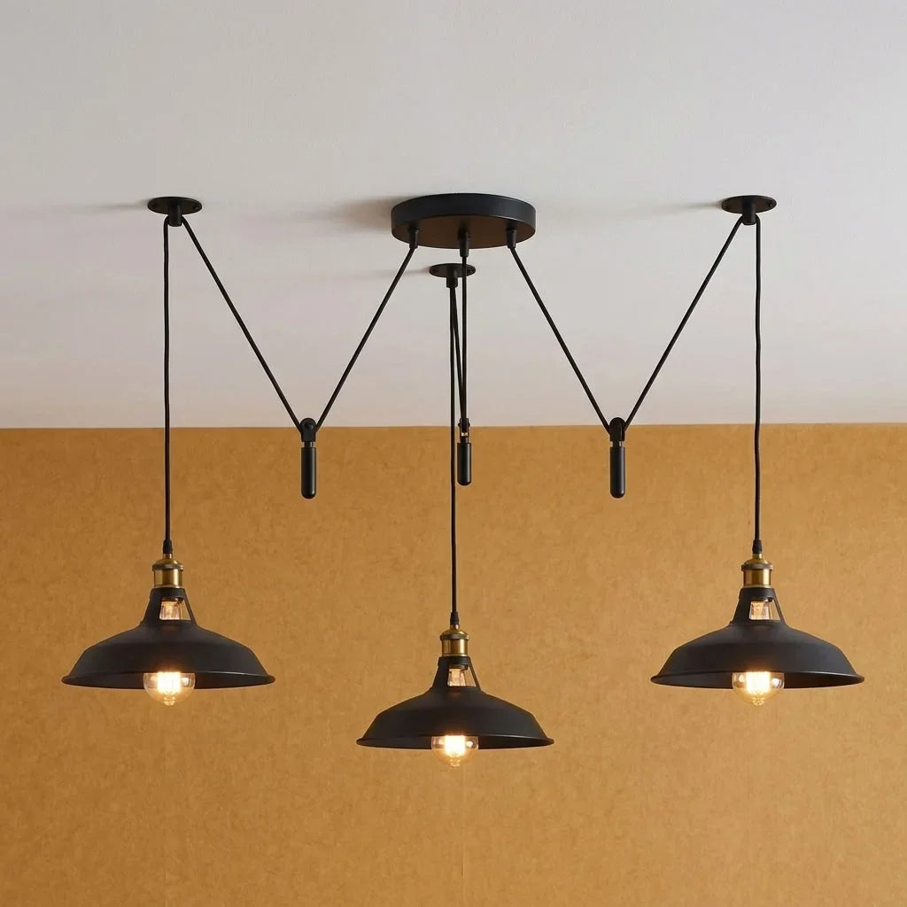 3 Light Pendant – Rise & Fall Pulley or Spider Style, 30+ Shades - Yellow Brass, Rise & Fall: Barn Slotted 30 cm Black, Without Bulb