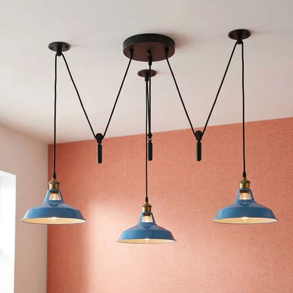 3 Light Pendant – Rise & Fall Pulley or Spider Style, 30+ Shades - Yellow Brass, Rise & Fall: Barn Slotted 30 cm Blue, Without Bulb