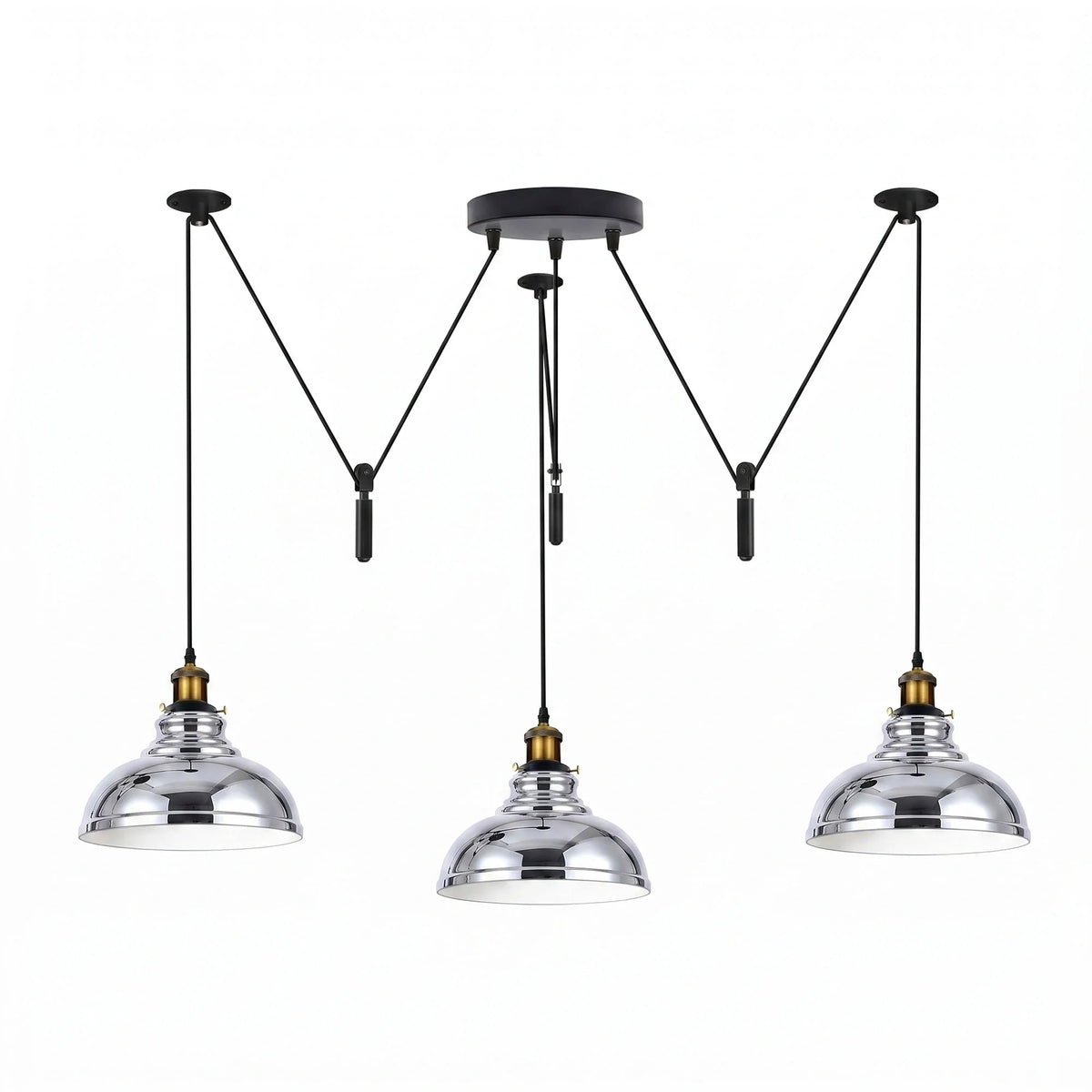 3 Light Pendant – Rise & Fall Pulley or Spider Style, 30+ Shades - Yellow Brass, Rise & Fall: Curvy 29 cm Chrome, Without Bulb