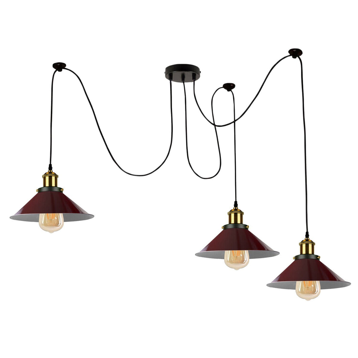 3 Light Pendant – Rise & Fall Pulley or Spider Style, 30+ Shades - Yellow Brass, Spider: Flat Cone 22 cm Burgundy, Without Bulb