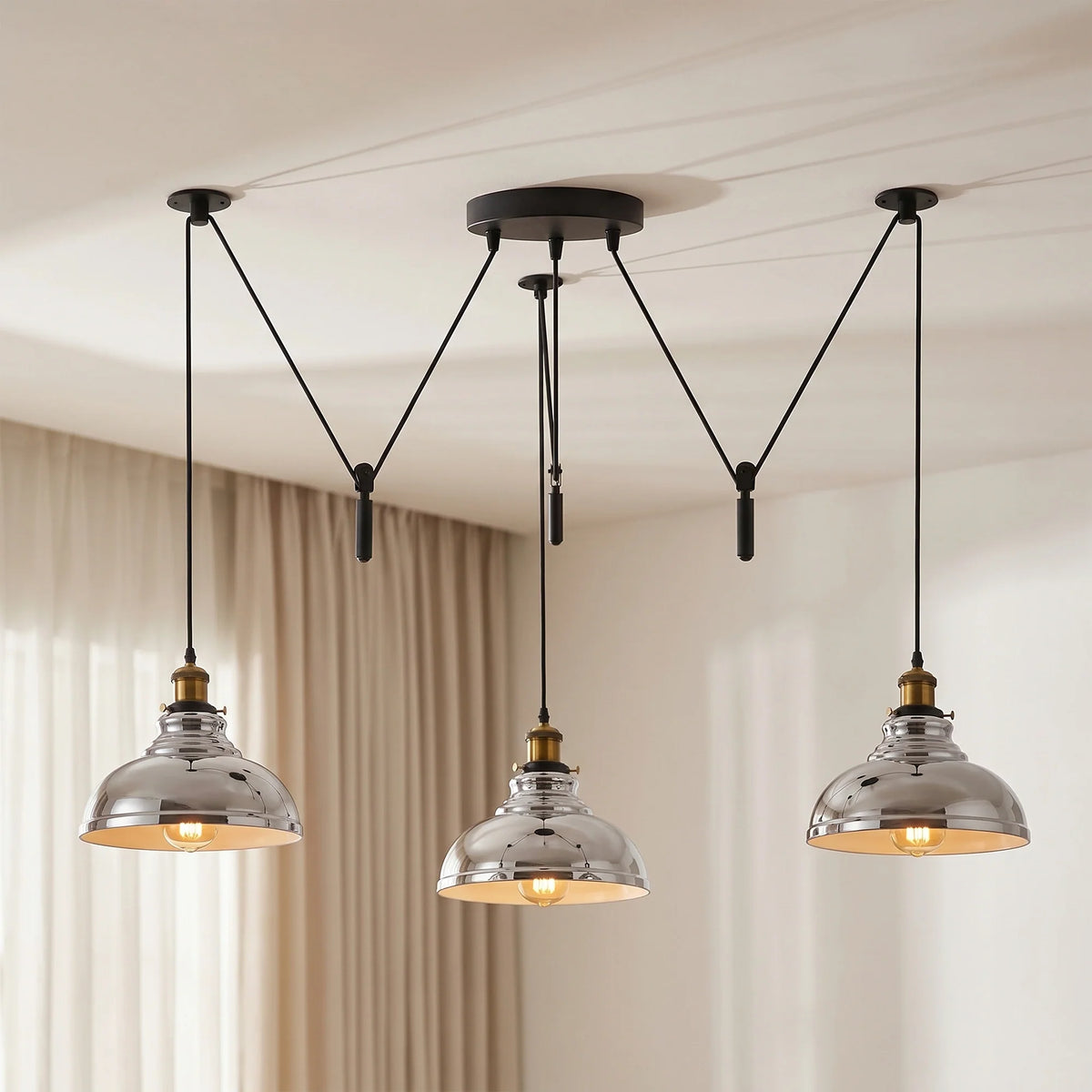 3 Light Pendant – Rise & Fall Pulley or Spider Style, 30+ Shades
