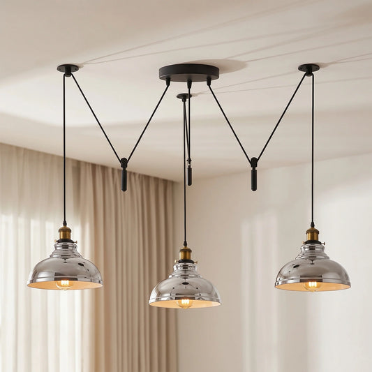 3 Light Pendant – Rise & Fall Pulley or Spider Style, 30+ Shades