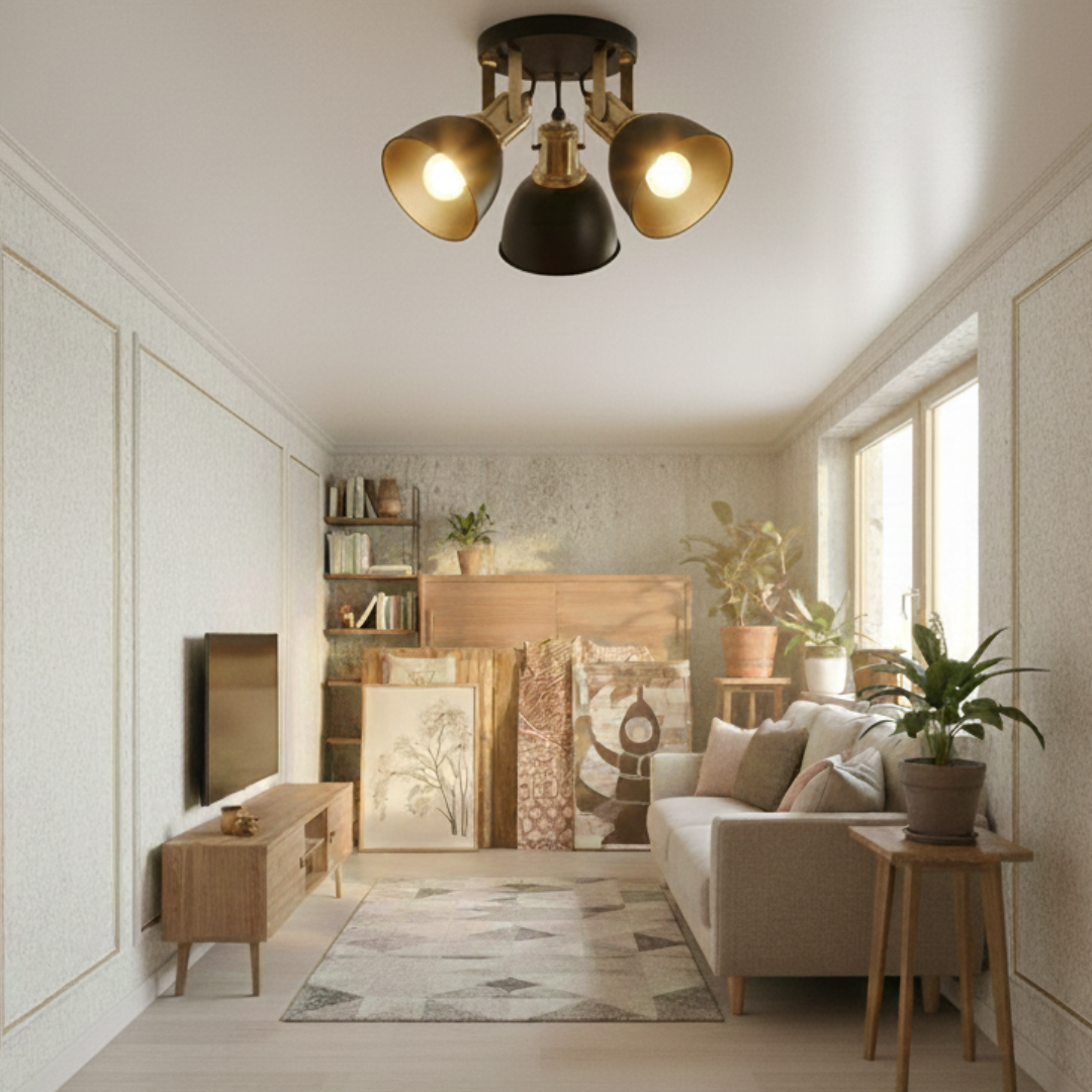 3-Light Semi Flush Ceiling Spotlight – Black Shades, Brass Holders, E27 - photo 3