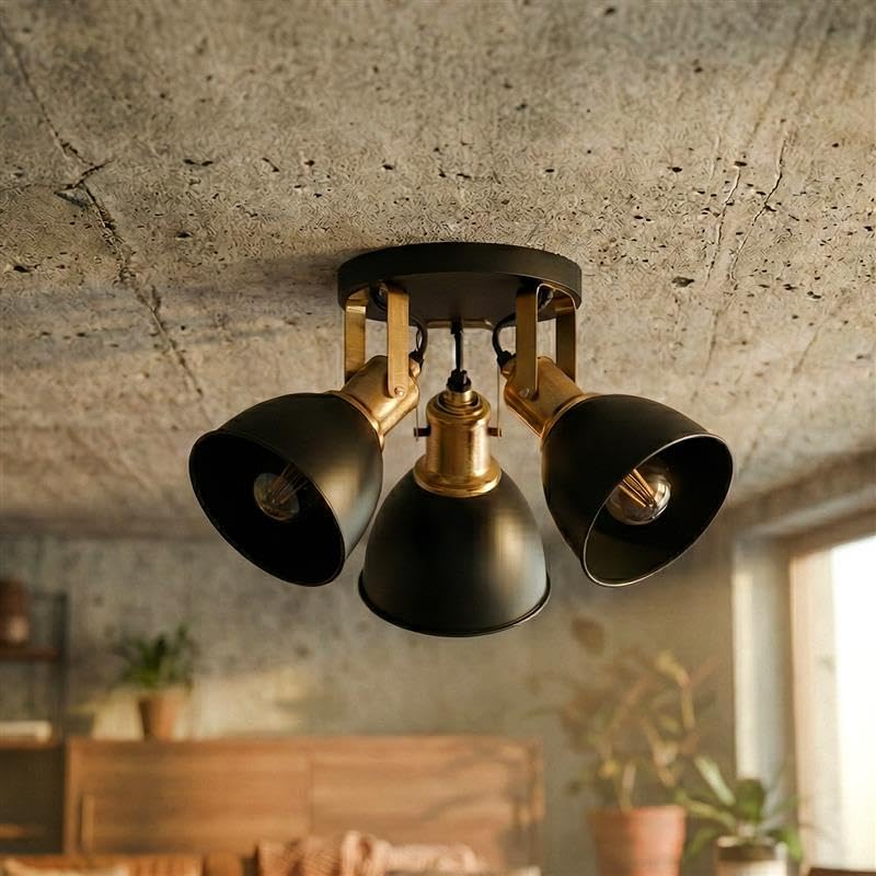 3-Light Semi Flush Ceiling Spotlight – Black Shades, Brass Holders, E27 - photo 4
