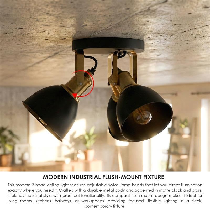 3-Light Semi Flush Ceiling Spotlight – Black Shades, Brass Holders, E27 - photo 5