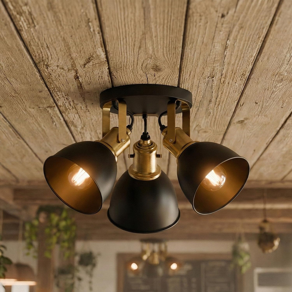 3-Light Semi Flush Ceiling Spotlight – Black Shades, Brass Holders, E27 - photo 6