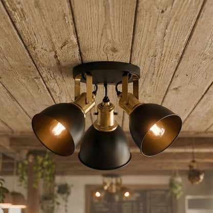 3-Light Semi Flush Ceiling Spotlight – Black Shades, Brass Holders, E27 - photo 6