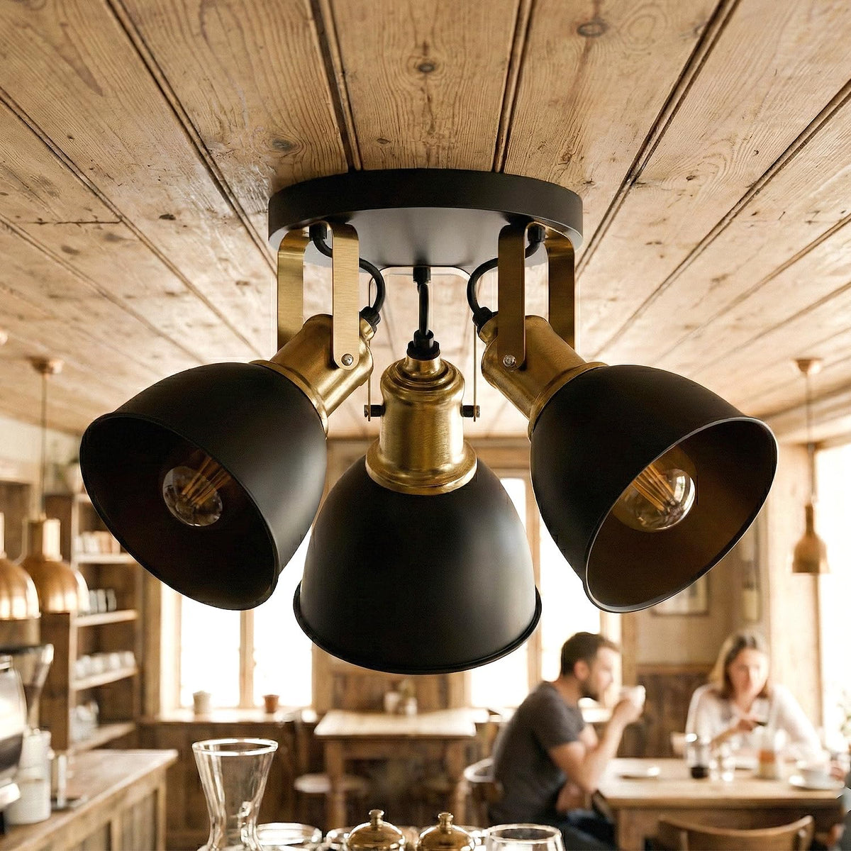 3-Light Semi Flush Ceiling Spotlight – Black Shades, Brass Holders, E27