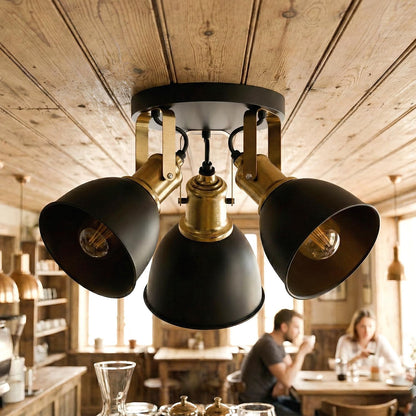 3-Light Semi Flush Ceiling Spotlight – Black Shades, Brass Holders, E27