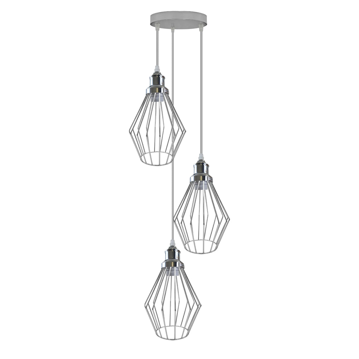 3-Light Cluster Pendant – Round or Bar, Cage or Metal Shades - Chrome, Diamond Cage Chrome, Round Rose, Without Bulb