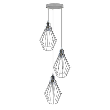 3-Light Cluster Pendant – Round or Bar, Cage or Metal Shades - Chrome, Diamond Cage Chrome, Round Rose, Without Bulb